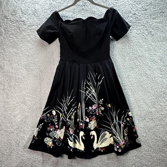 Belle Poque Dresses & Skirts - Belle Poque Women's Medium Black Dress Swan Floral Print Scalloped Front Smocked